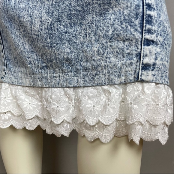 Vintage 80s Denim Skirt Lace Trim Acid Wash Retro Jean Skirt Pencil Cotton - Picture 12 of 16